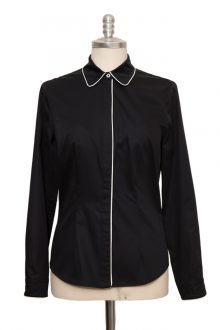 black classic blouse made with white pipping of fine cotton satin - Sveekery Berlin